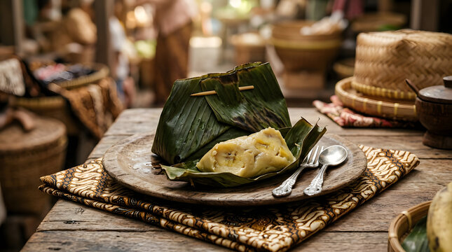 Steamed Food Wrapped in Banana Leaves on Rustic Plate, Traditional Cuisine