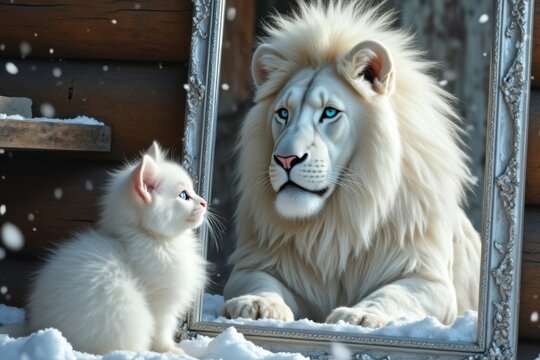White Cat and Majestic Lion Together in a Cozy Winter Cabin cat memes
