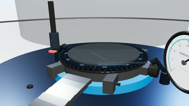 3D animation of a 300m watch leak test using a hyperbaric bell and optical micrometer with a laser to measure the deflection of a sapphire crystal under high hydrostatic pressure