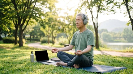 Fototapeta premium Senior Asian man meditating on a yoga mat in a park with headphones and laptop