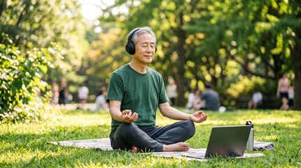 Fototapeta premium Senior Asian man meditating with headphones and laptop in a sunny park
