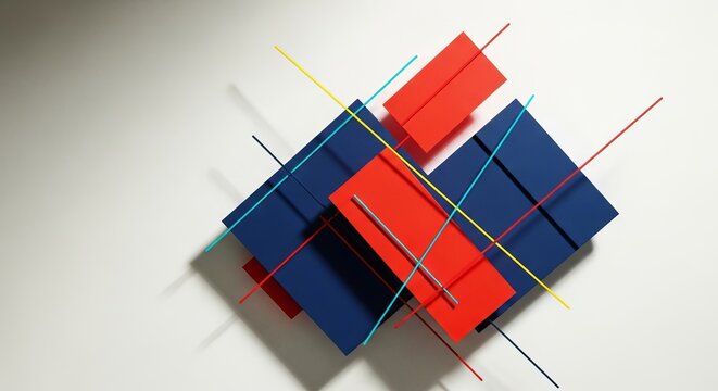 Dynamic suprematist composition featuring overlapping navy squares and vermilion tilted rectangles with thin linear vectors on off-white, art, suprematism, visual