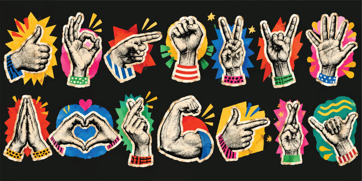 Retro Hand Gesture Collection, Vintage Halftone Hands and Expressive Signs, contemporary cut-out graphic Vector Set