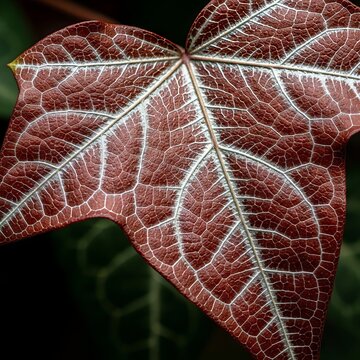 Elegant macro of a single copper-red ivy leaf featuring bright silver webbed veins. Highly detailed organic network on a smooth surface, modern, structure, background