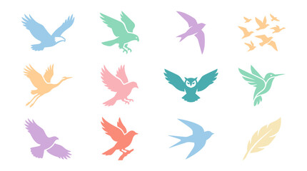 Obraz premium Elegant bird silhouettes and feather icons for branding.