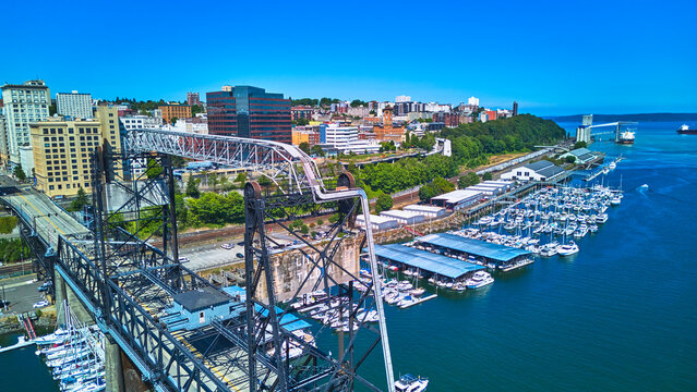 Aerial Tacoma Downtown Harbor Waterfront Bridge and Cityscape United States