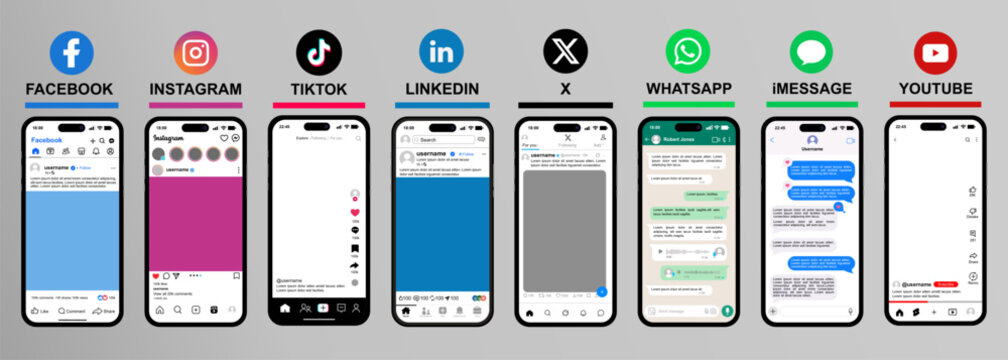 Smartphone mockups displaying Facebook, Instagram, TikTok, LinkedIn, X, WhatsApp, iMessage, YouTube interfaces, isolated on neutral background
