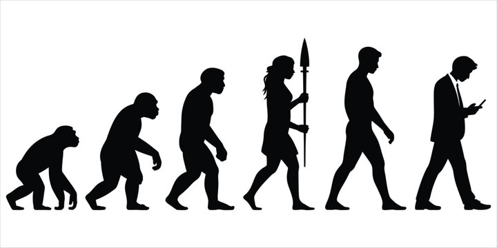 The evolution of man from primate to modern human, showing a sequence of figures walking from left to right, ending with a man using a smartphone