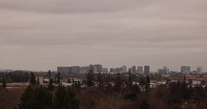A winter storm passes over the downtown skyline of San Jose, California, USA.