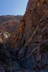 Athletic rock climbers scaling a high vertical crag marked by striking geometric white mineral dykes in an arid canyon landscape. © Valentin