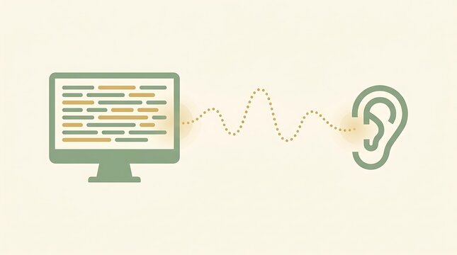 Conceptual illustration showing a computer screen communicating with a human ear through sound waves for audio technology concepts
