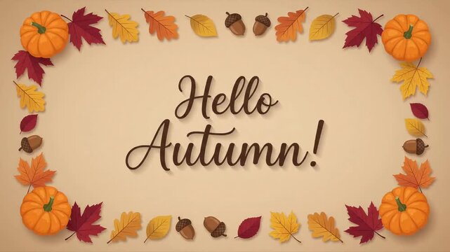 Autumn border with pumpkins and colorful maple leaves on a beige background