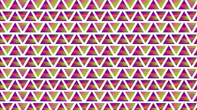 Creative seamless pattern rows identical minimal triangles filled colorful purple pink green geometric gradient stripes plain white backdrop modern abstract texture vector
