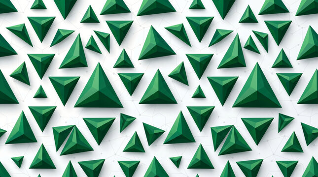 Striking seamless abstract pattern geometric 3d emerald green triangles casting soft drop shadows pristine white background surface high tech minimal graphic backdrop layout