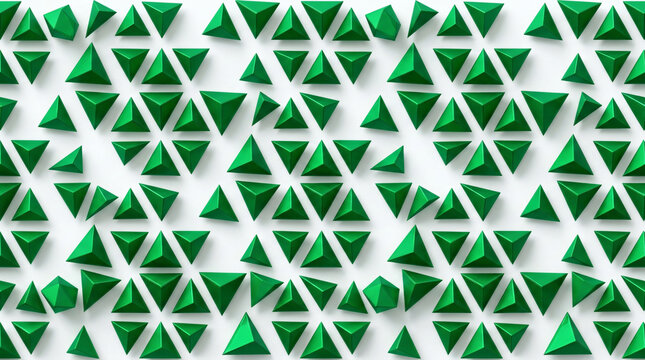 Striking seamless abstract pattern geometric 3d emerald green triangles casting soft drop shadows pristine white background surface high tech minimal graphic backdrop layout