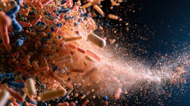 A 3D representation shows an ecosystem of bacteria being disrupted by an antibiotic wave against a dark background.