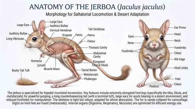 Anatomical Diagram of a Desert Rodent Showing Skeletal and Muscular Features with Biological Labels