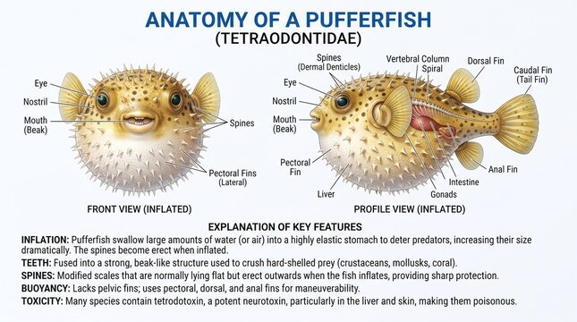 Educational Scientific Anatomy Diagram Of A Pufferfish With Labeled Body Parts