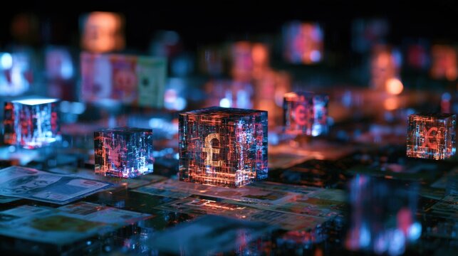 Glowing abstract currencies convert between each other in a dark setting, showcasing the foreign exchange market concept.