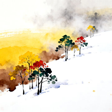 Watercolor Snow Scenery with Colorful Trees