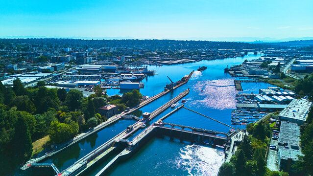 Aerial Ballard Fish Ladder Ship Canal and Industrial Waterfront Seattle