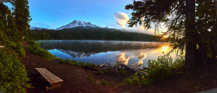 Mount Rainier Reflection Lake Sunrise Panorama with Bench and Forest View