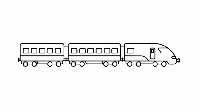 A simple black and white line art illustration of a modern passenger train carriage set with linear icon