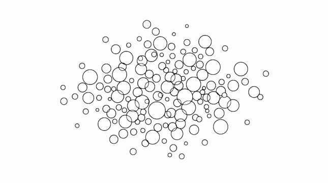 A cluster of various sized outlined circles arranged in a central pattern on white background with different diameters scattered