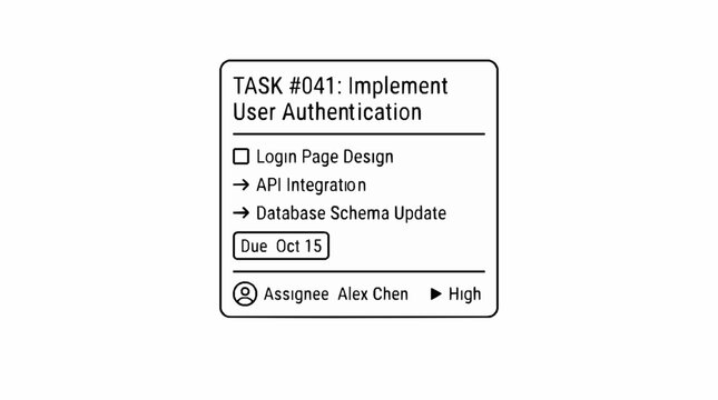 A digital task card representing user authentication development with assigned priority with high priority status label