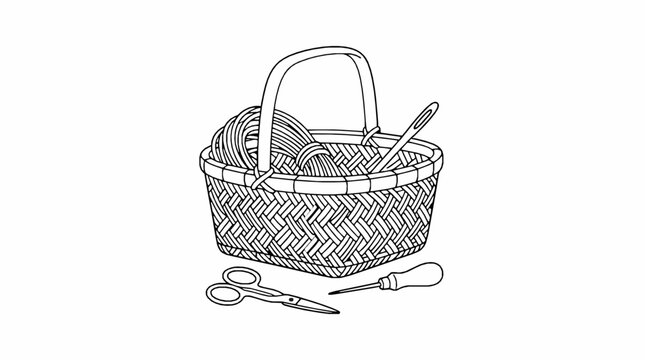 A woven basket filled with yarn and a large needle with scissors with art illustration woven tools resting surface