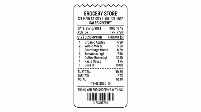 A printed grocery store sales receipt showing a list of purchased food items with items respective quantities