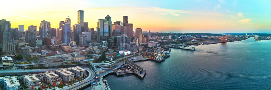 Aerial Seattle Skyline Panorama With Bay Waterfront and Sunrise Golden Hour