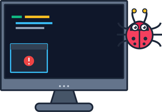 Software Bug and System Error Illustration on a Desktop Computer Monitor, Cartoon Beetle Crawling, Coding Problem Concept