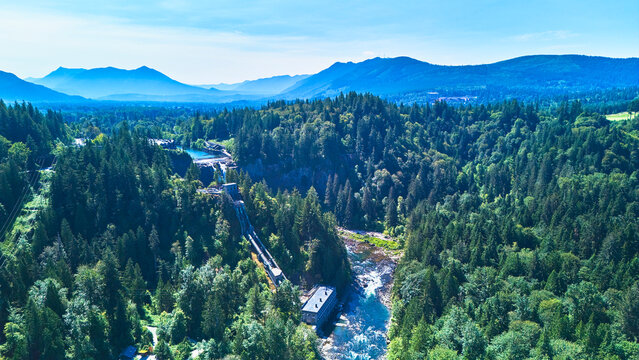 Aerial Snoqualmie Forest Gorge River and Hydroelectric Facility in Washington