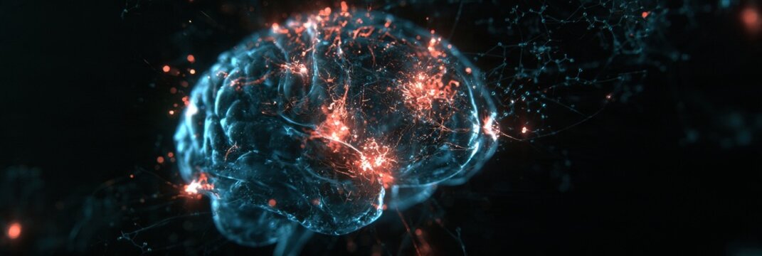 A dark scene shows an abstract brain with glowing areas in key regions where nootropic molecules interact and activate.