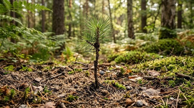 Young Pine Sapling Growing in Sunlit Forest Floor with Moss and Decaying Leaves