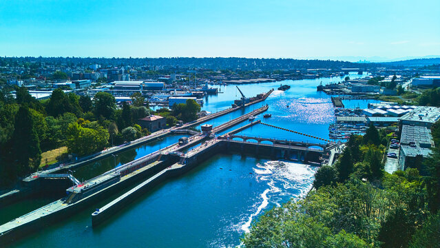 Aerial Ballard Fish Ladder and Locks with Boats and Urban Waterfront Seattle