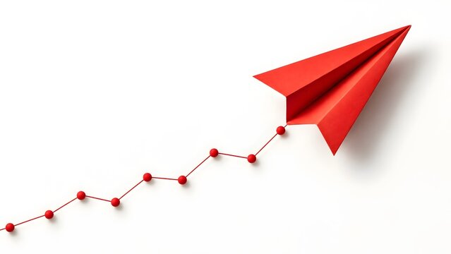 Upward trajectory line connected to red paper airplane symbolizing business growth financial progress and startup ambition
