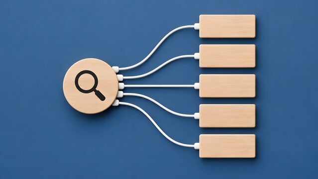 Wooden blocks connected by cables to search icon representing data classification networking and search engine optimization flowchart