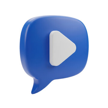 3D render of a blue speech bubble icon featuring a white play button triangle in the center, isolated on a white .