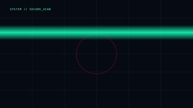 Digital secure scan interface with moving green laser line and grid overlay for cyber security and data monitoring technology animation 4k