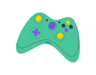 Flat cartoon gamepad controller device in green and purple. Modern videogame gadget with pad, joystick and control device for gamer play. Vibrant style, y2k electronic entertainment concept for © Moonnoon
