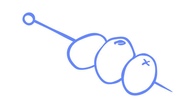 Olive pick icon vintage hand drawn doodle. Italian food appetizer for restaurant menu. Blue outline illustration on background.
