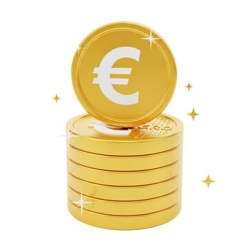 A 3D illustration of a stack of gold coins featuring the Euro currency symbol, with one coin standing upright on top and golden star sparkles.
