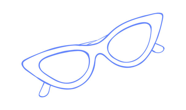 Whimsical hand drawn blue sunglasses icon in minimal line art style and simple outline design. Summer vacation coastal theme for sticker or logo and decorative beach vector isolated on white.