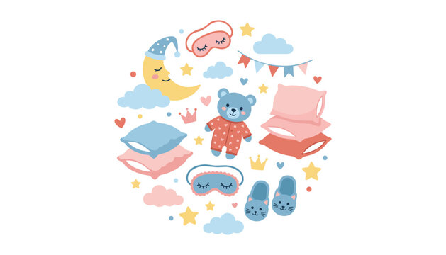 Cute bedtime pajamas elements set with teddy bear moon pillows sleeping mask and stars for nursery baby vector