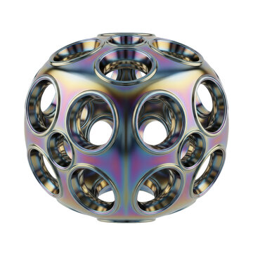 A 3D render of a spherical object featuring symmetrical circular cutouts and an iridescent rainbow-colored metallic finish, isolated on a white .