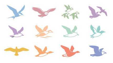 Fototapeta premium Flying bird silhouettes in various flight phases.