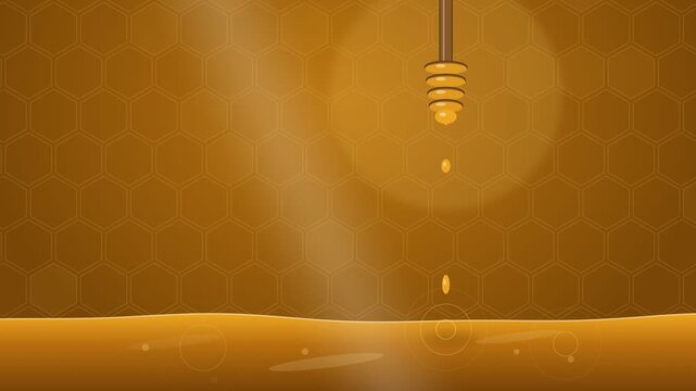 Golden Honey Dripping from Wooden Dipper onto Rippling Honey Pool with Honeycomb Pattern Seamless Loop 4K