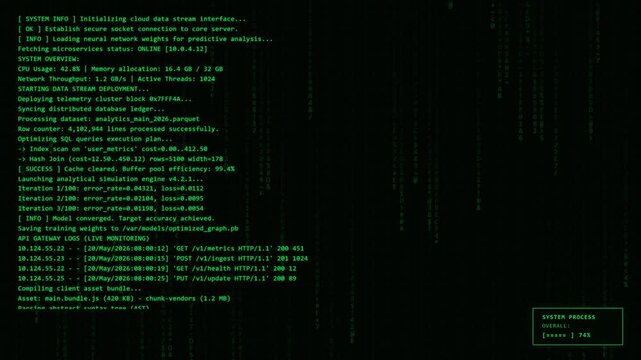 Json code data stream terminal scrolling on dark screen
